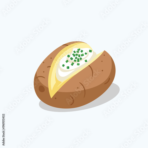 A baked potato with sour cream and chopped chives sits on a light blue background