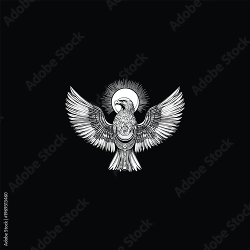 Vintage hand-drawn illustration of a majestic eagle with wings spread, featuring a prominent sun-like oracular circle element, isolated on a black background.