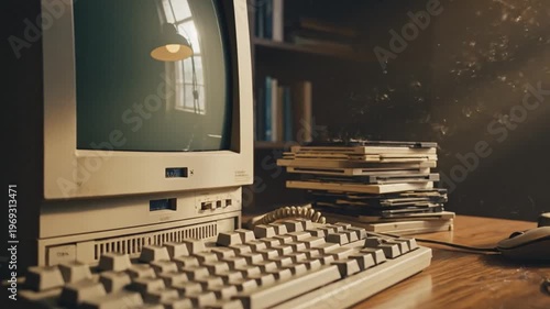 Vintage computer and peripherals on wooden desk with warm lighting