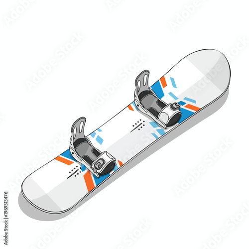 White snowboard with orange and blue geometric accents and gray bindings