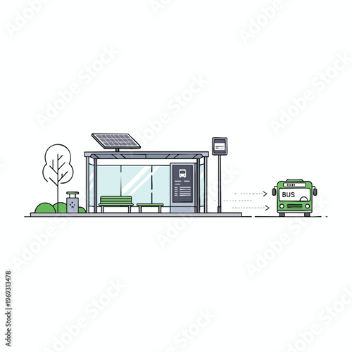 A modern, solar-powered bus stop with benches, a trash can, and an arriving bus