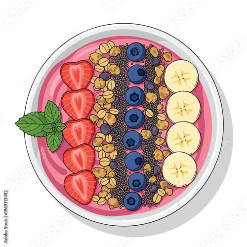 Colorful fruit bowl with strawberries, blueberries, banana slices, granola, and mint