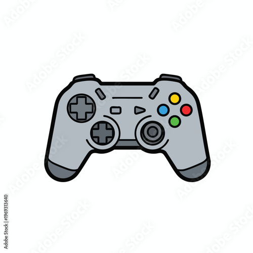 A gray, modern video game controller with colorful buttons and dual joysticks
