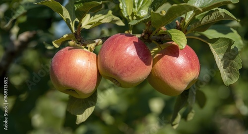 Three ripe apples with leaves and branch on a tree in a sunny orchard