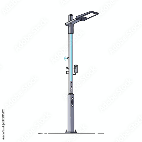 Detailed illustration of a modern, smart streetlamp with integrated camera and antenna