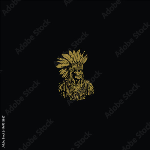 Vintage hand-drawn gold illustration of a Mayan or Aztec chieftain bust wearing a complex feather headdress, isolated on a black background.