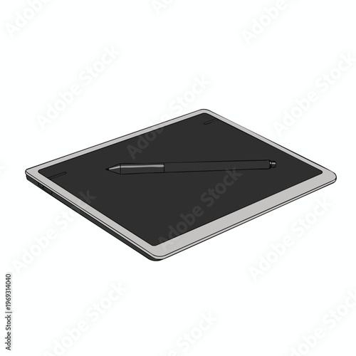 Digital drawing tablet with stylus resting on its surface, isolated on white
