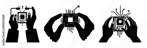 Hands set with minimalist black line art pictogram of assembling circuit featuring technology, electronics, robotics with assembly trade and tech industry