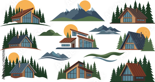 Modern mountain cabin houses set with pine forest, alpine landscape, and sunset scenes in flat design for travel, real estate, and nature themes