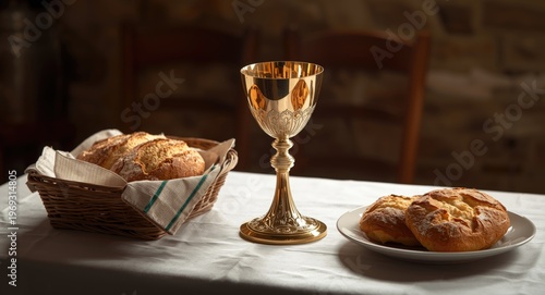 Easter Communion table display including a chalice with wine and freshly baked bread