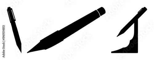 Solid black silhouette of a 3D pen creating a structure, innovative tool theme, isolated on white background. set with simple line art design featuring line art, illustrations, graphic resources wi...