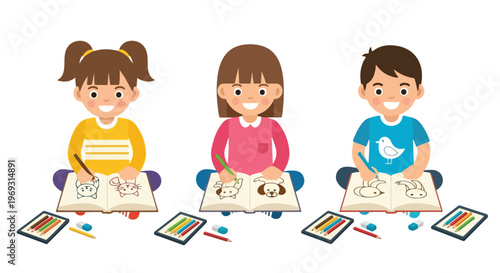 Three young children sit cross-legged on the floor, happily drawing various animals in their sketchbooks with colorful pencils and erasers.