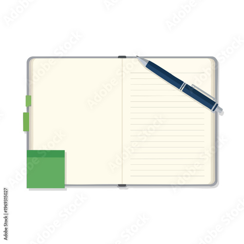 Open notebook with lined pages and a pen rests on the right side