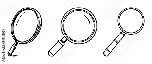 Minimalist vector icon of a vintage magnifying glass, detective investigation symbol, heavy line weight, white background. set with simple line art design featuring simple design, minimalist, black...