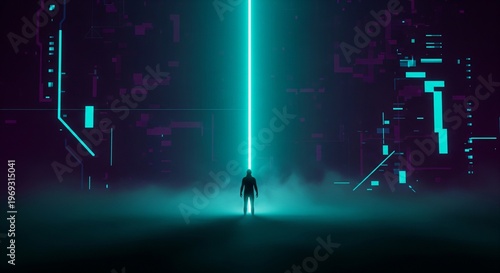 Wallpaper Mural A person stands facing a bright blue light in a dark futuristic cityscape with fog Torontodigital.ca