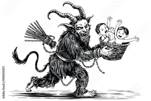 Black and white of a demonic figure with horns carrying a basket of babies devil