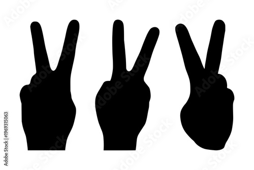 Peace sign silhouette set with simple black line art illustration on white backdrop featuring peace symbol, icon, gesture with minimalist and outline