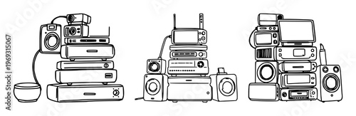 Smart‑home gadgets set with doodle style illustration of a stack featuring gadgets, technology, lifestyle with simple lines and white background