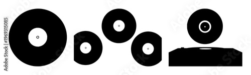Vinyl record silhouette set with minimalist black and white line art design featuring retro music, audio, iconography with black and white and vector