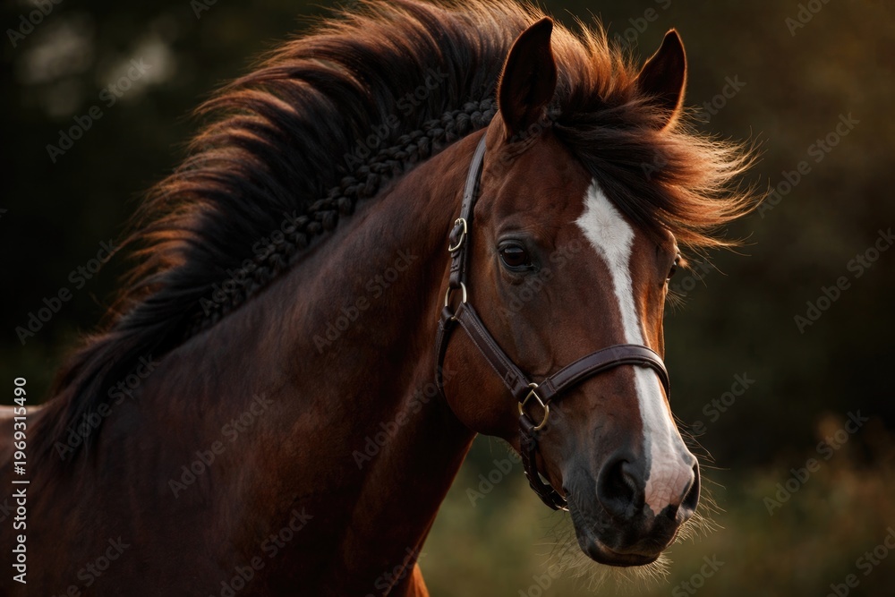 Fototapeta premium close up portrait of a brown horse with an unusual haircut