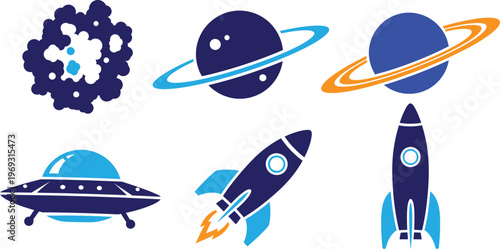 Colorful space exploration icons planets rockets and ufos in a cartoon style