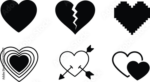 Black heart icons collection love brokenness and affectionate symbols