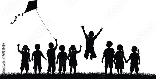 Diverse group of children joyfully flying a kite on a grassy field, embodying childhood, freedom, and fun.