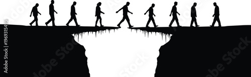 Silhouettes of people walking across a dangerous cliff edge, representing risk, challenge, and the unknown.