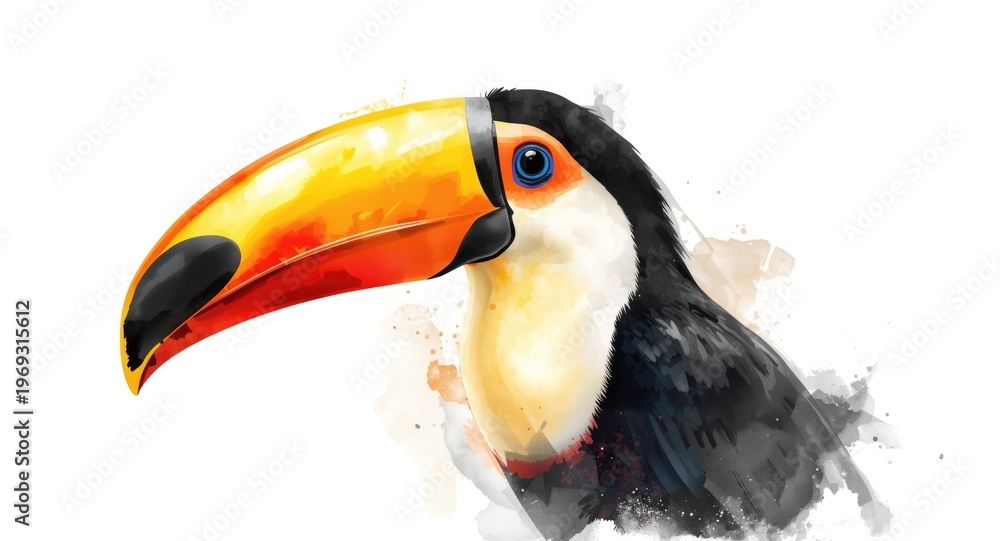 Fototapeta premium Watercolor image of a toucan captured with artistic brush strokes on white background