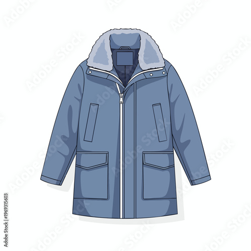 A blue parka with a fuzzy collar and front pockets, on a white background
