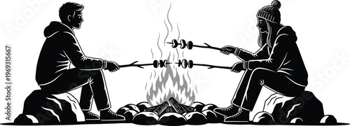 Couple roasting marshmallows over a campfire at night, silhouette illustration.