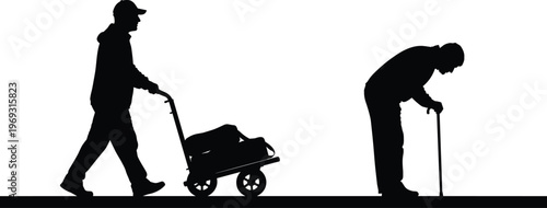 Silhouettes of a young person pushing a cart and an elderly person with a cane, symbolizing generational support.