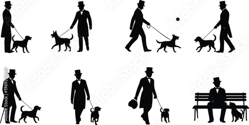 Victorian gentleman walking his dog in various poses, including playing fetch and sitting on a bench.