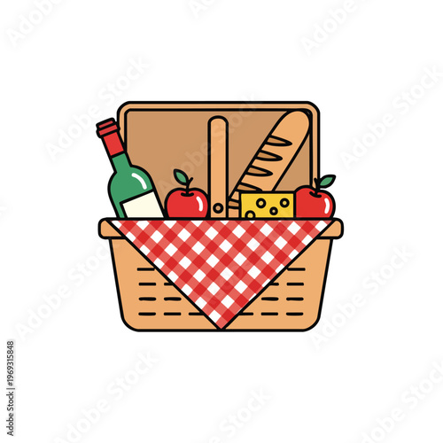 A picnic basket filled with bread, cheese, apples, and a bottle of wine