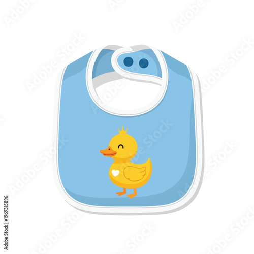 A cartoon yellow duck with a heart on its chest on a blue bib