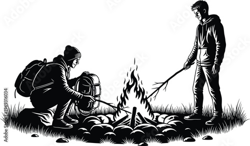 Two men tending a campfire in a forest setting, one adding sticks, the other holding gear.