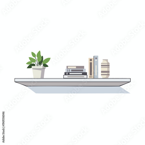 A white shelf displays a potted plant, stacked books, and a decorative vase