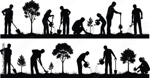 Silhouettes of people planting trees and watering saplings, symbolizing environmentalism, gardening, and conservation efforts.