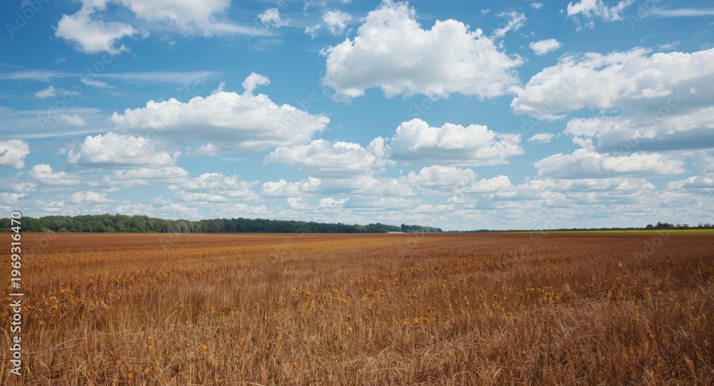 Fototapeta premium Visual artwork of natural landscape with textured grass wood patterns and cumulus clouds in a blue brown palette