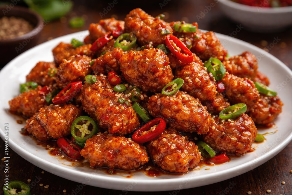 Fototapeta premium Crispy spicy chilli chicken appetizer served on a white plate with selective focus
