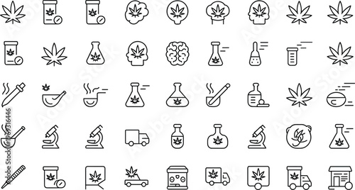 Cannabis icons, medical marijuana, research, laboratory, medicine bottle, pills, smoking pipe, dropper, microscope, AI, delivery truck, storefront, brain, leaf