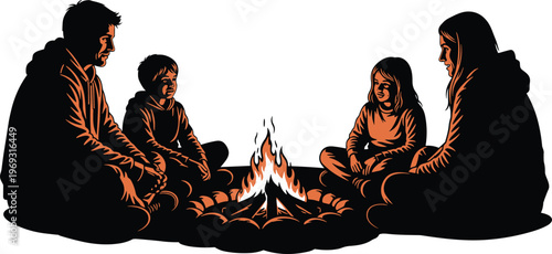 Family sitting around a campfire at night, sharing stories and enjoying the warmth and glow of the fire.