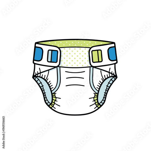 A cartoon, white baby diaper with blue and green accents, isolated on white