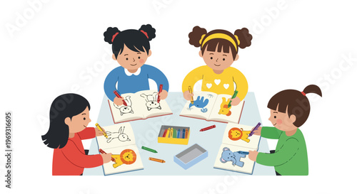 Four little girls sit around a table and color animal drawings in their notebooks with bright crayons during a fun creative art lesson.