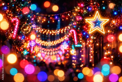 Festive holiday vibrant neon lighting with colorful bokeh background