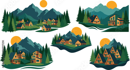 Mountain village landscape set with cozy cabins, pine forest, and sunset scenes, modern flat design illustrations for travel, tourism, and nature themes