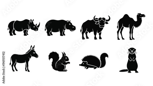 A collection of african and other animals depicted in solid black shapes creating a striking silhouette high quality professional detailed modern