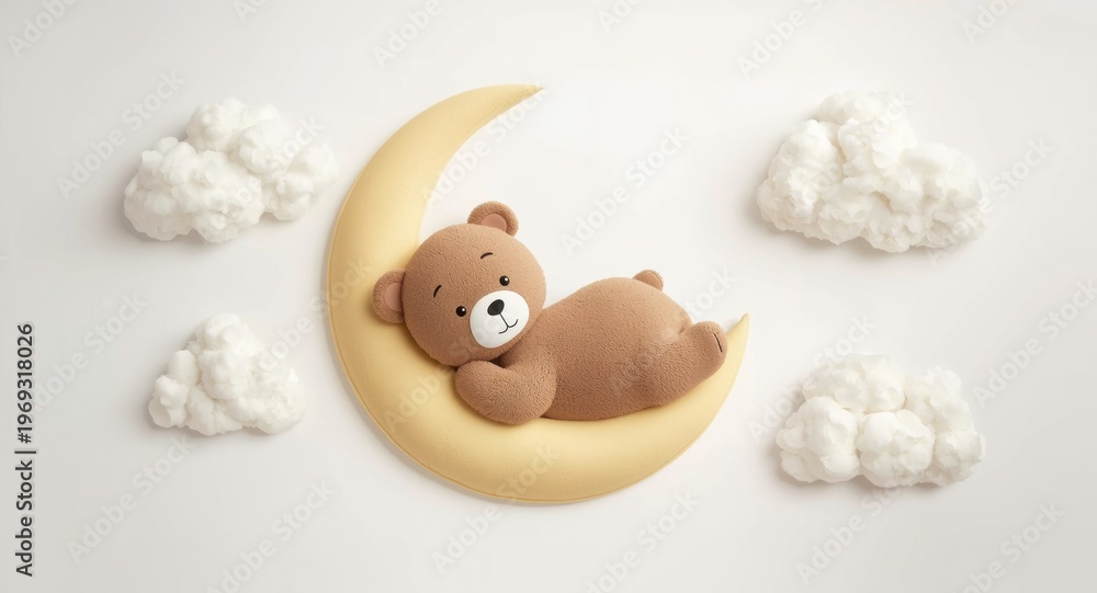 Fototapeta premium Sweet cartoon bear resting on crescent moon with soft clouds for baby shower invitation with white backdrop