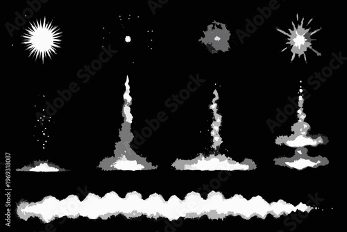 Explosions and smoke plumes against a dark star filled background