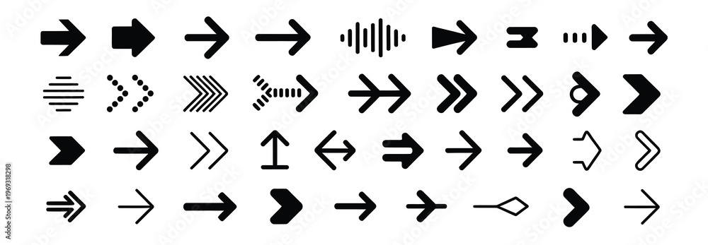 Fototapeta premium Diverse collection of black arrow icons and symbols for navigation and direction on a white background.
